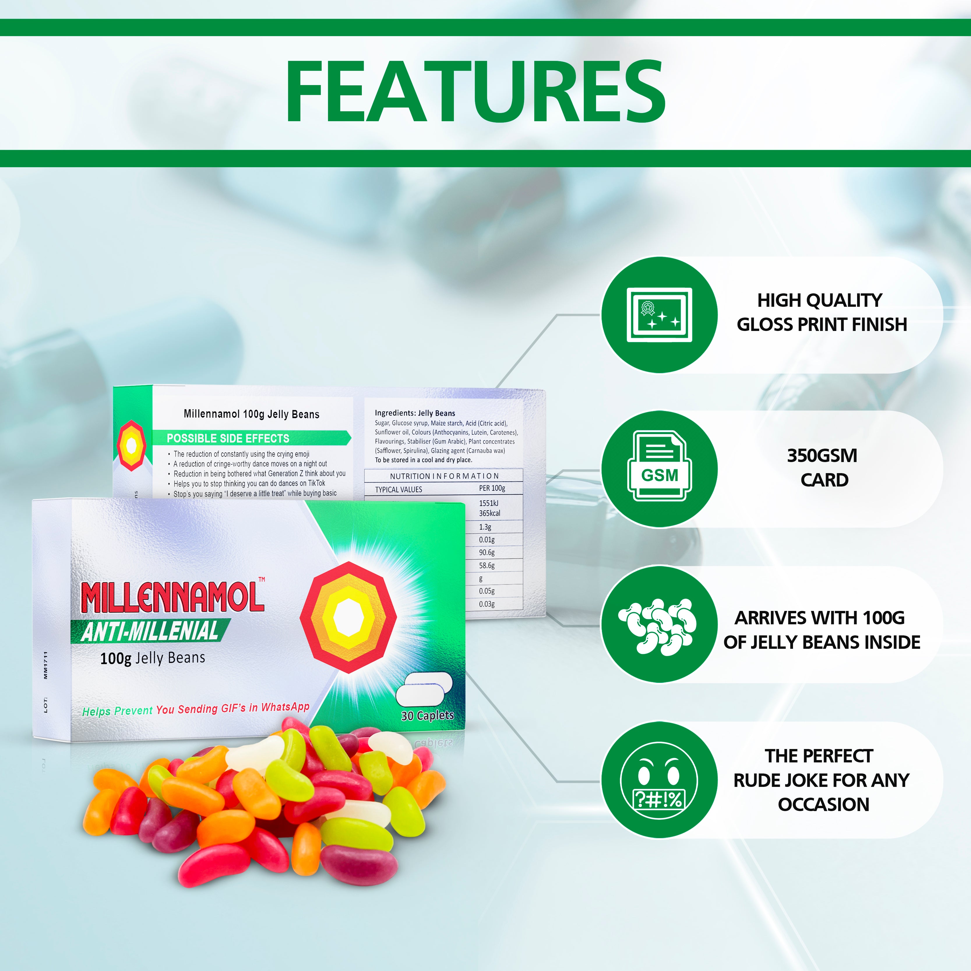 Millennamol Joke Tablet Box & Jelly Beans