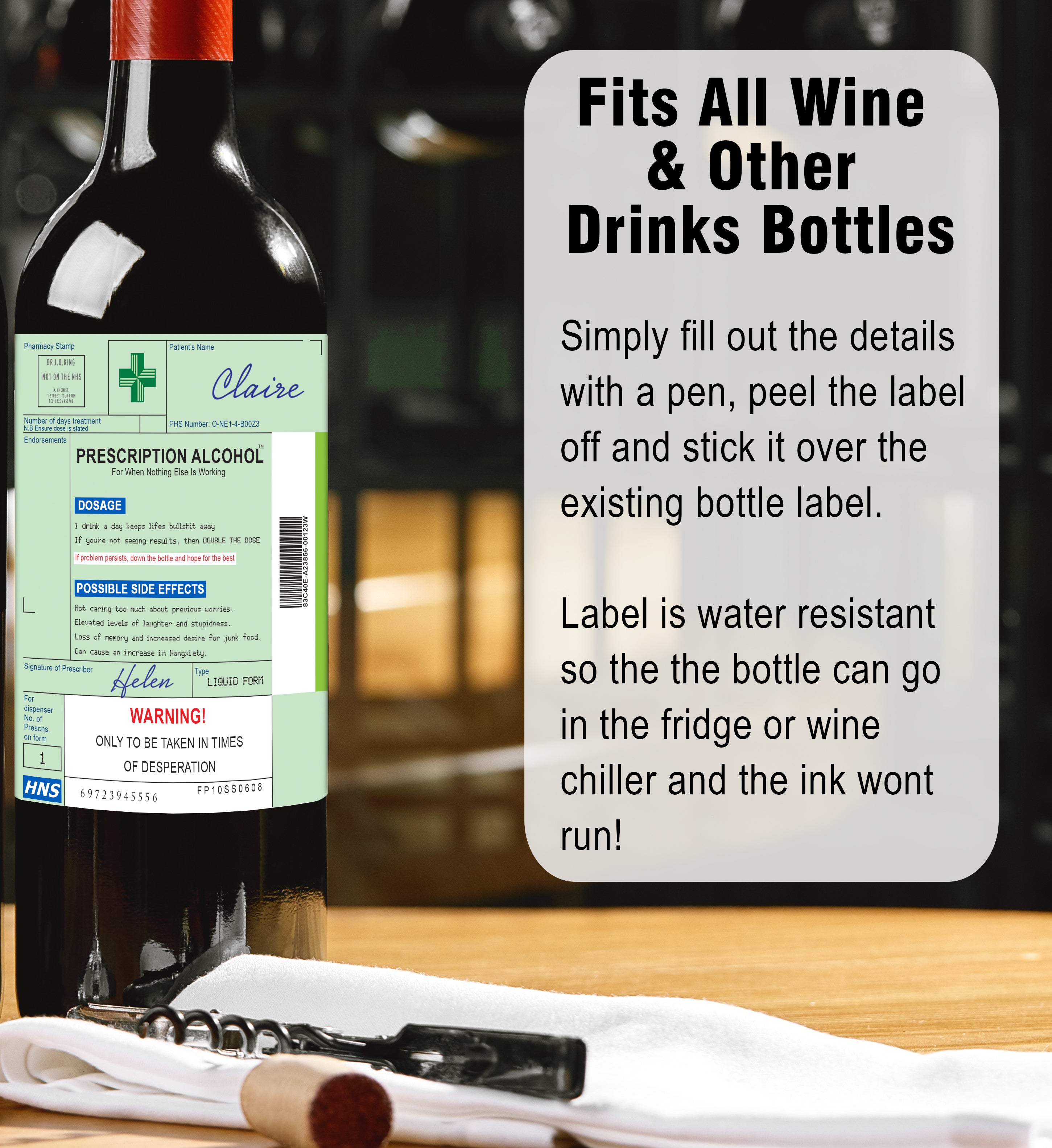 Prescription Alcohol Wine Label & Bottle Bag (Wine Not Included)