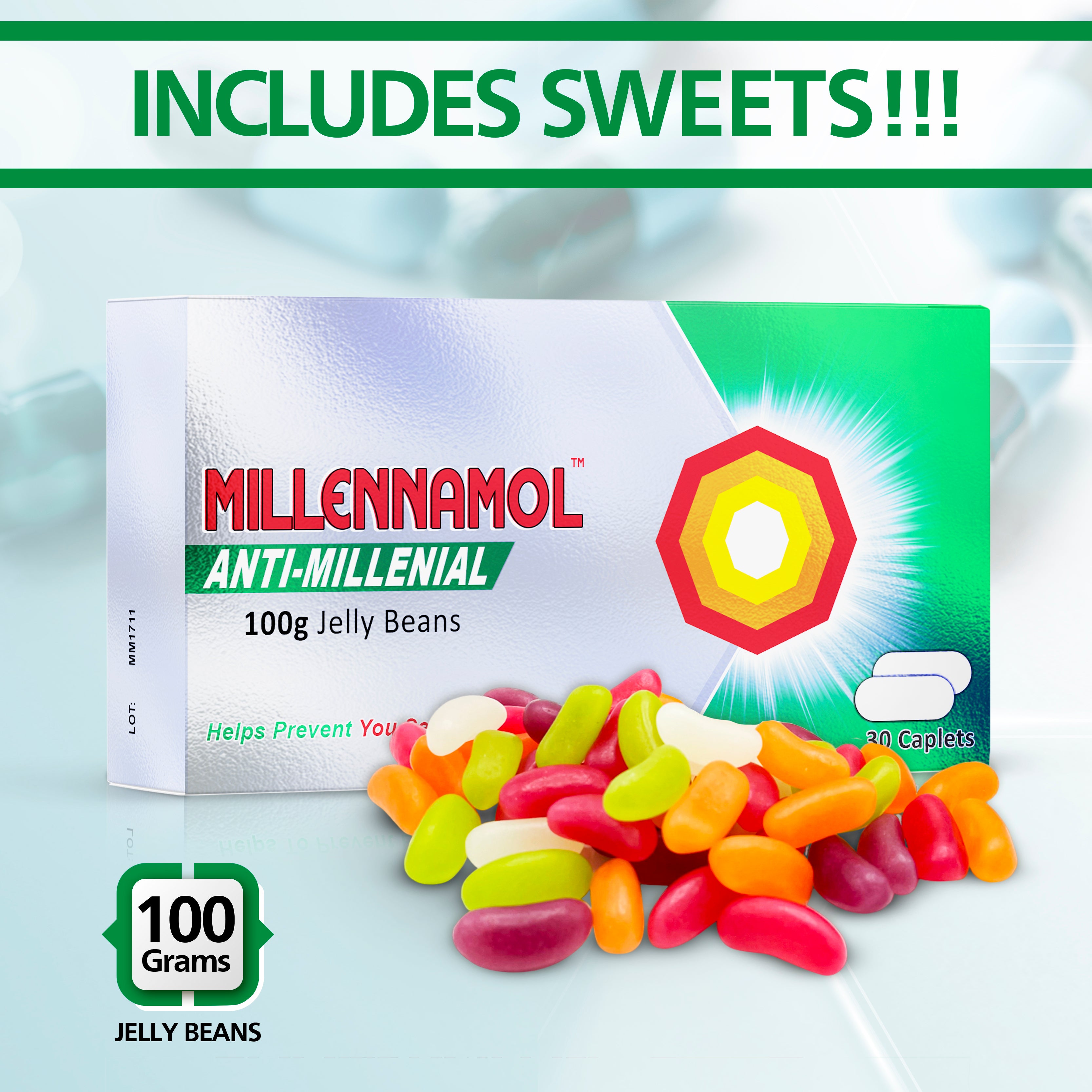 Millennamol Joke Tablet Box & Jelly Beans