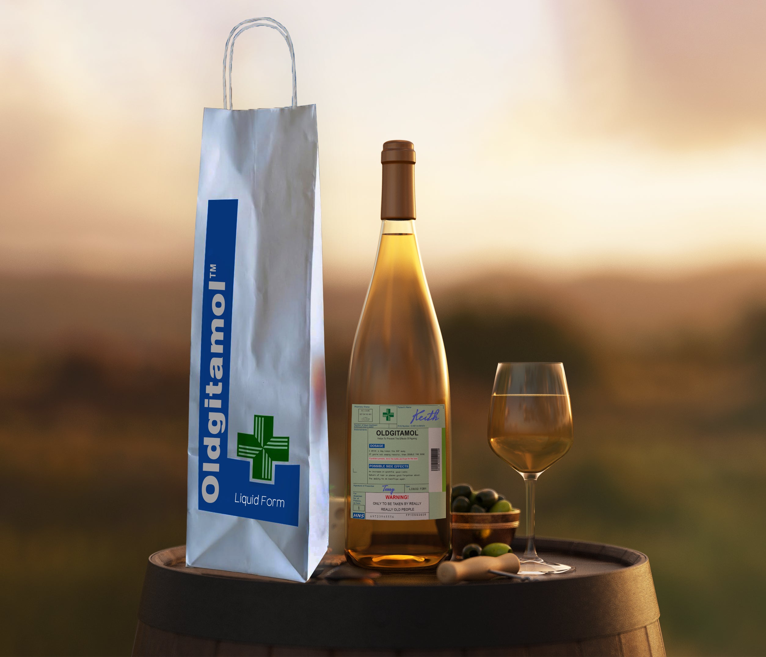 Oldgitamol Wine Label & Bottle Bag (Wine Not Included)