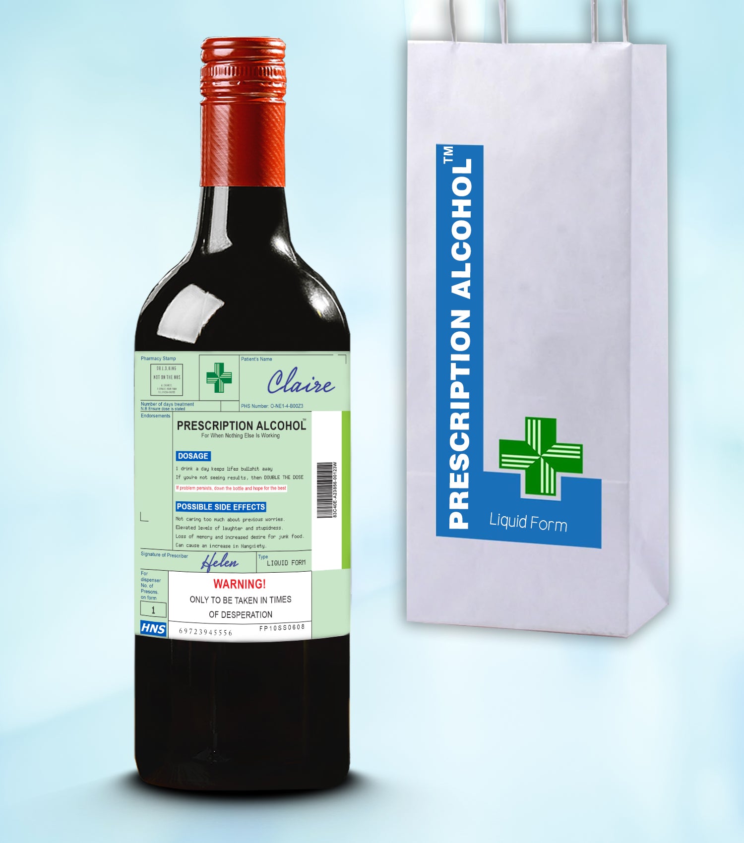 Prescription Alcohol Wine Label & Bottle Bag (Wine Not Included)